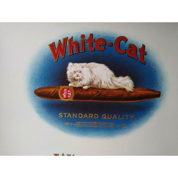 Fluffy White Cat Vintage Box Label Original Embossed Kitten Sits On Cigar 1920s - Picture 3 of 4